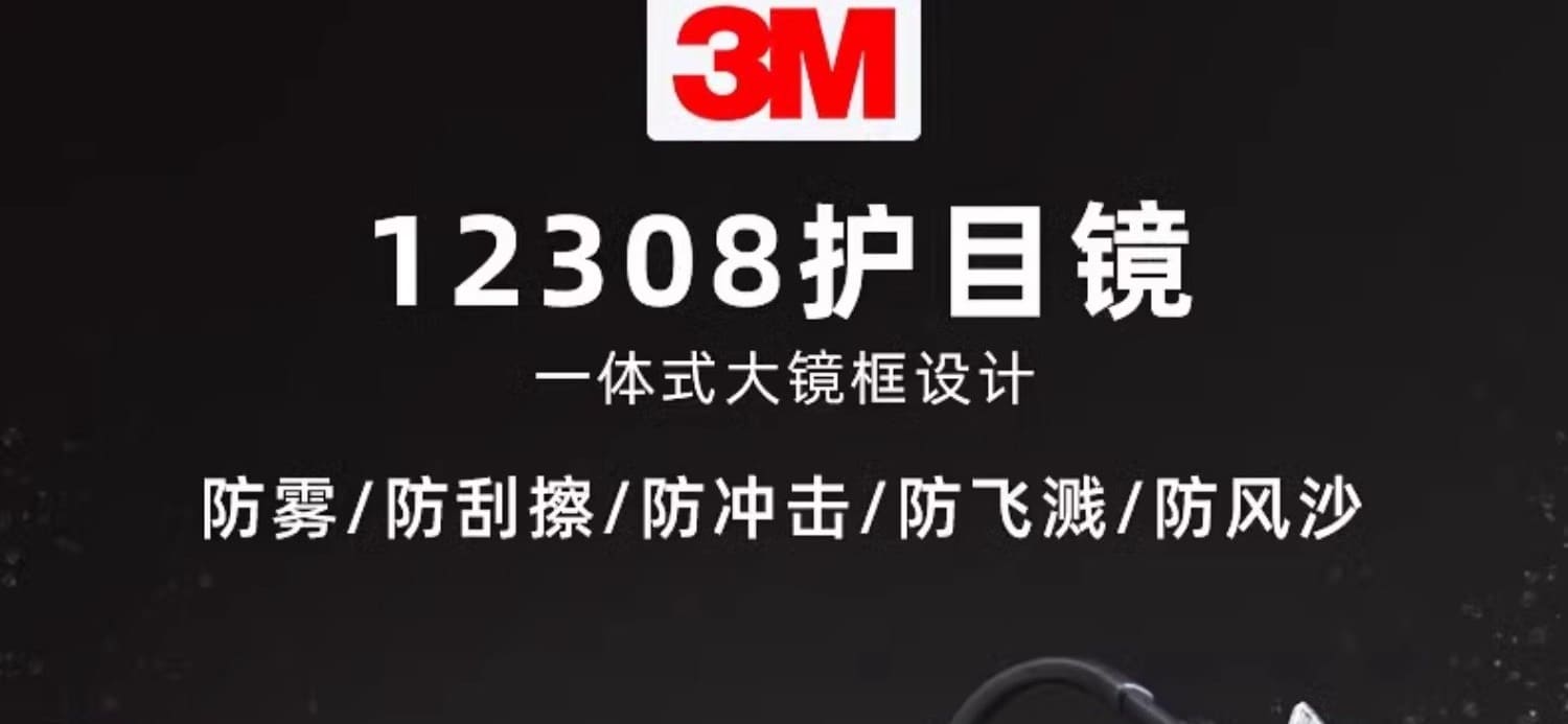 3M 12308 防护眼罩 （透明罩片、防雾、防紫外线）